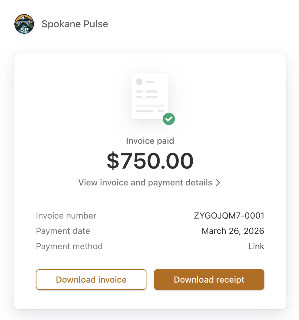 Stripe receipt showing a paid $750.00 Spokane Pulse invoice, invoice number ZYGOJQM7-0001, paid March 26, 2026