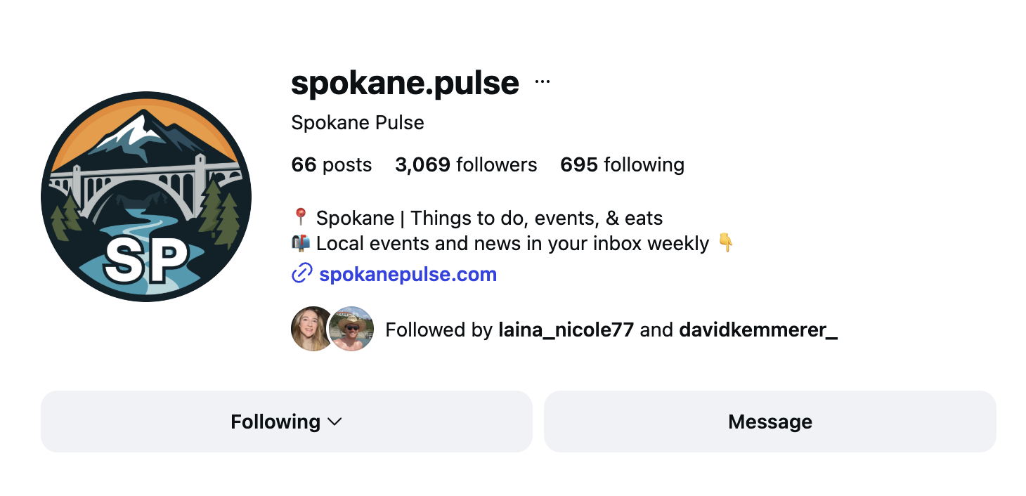 The Spokane Pulse Instagram profile, @spokane.pulse, with 3,069 followers