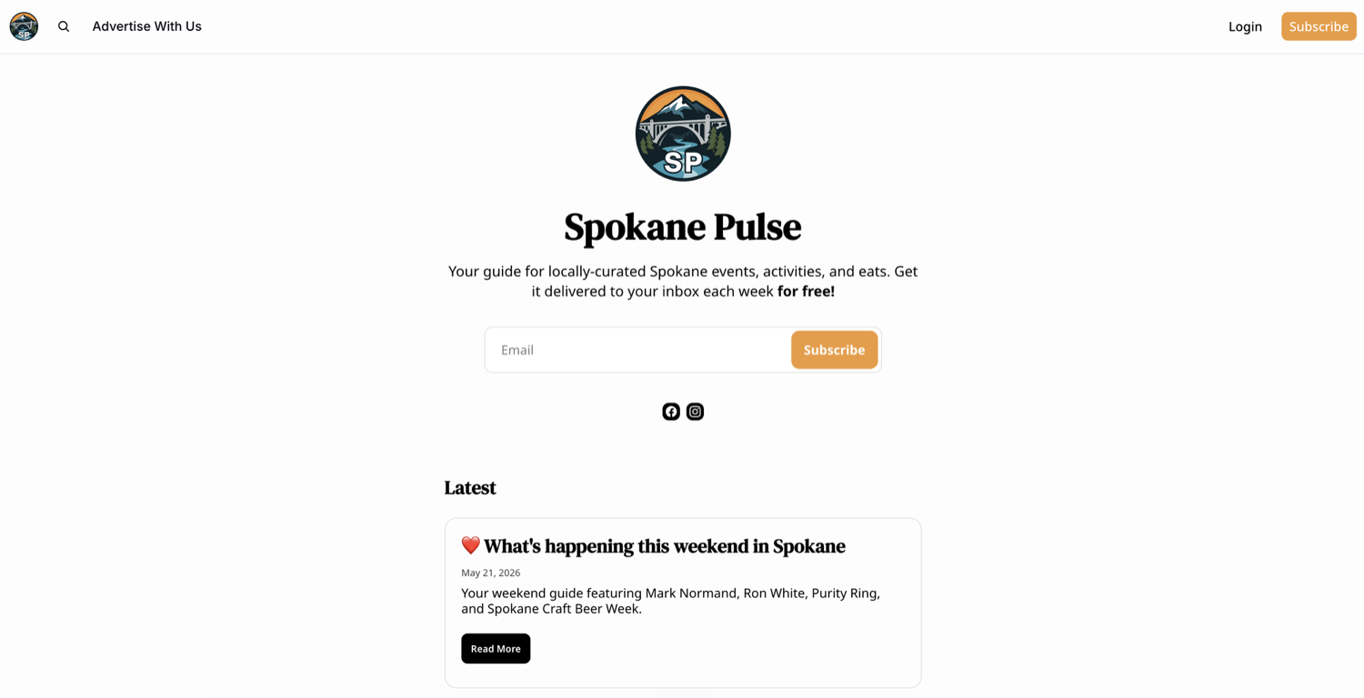 The live Spokane Pulse newsletter homepage, with a free weekly subscribe form and the latest issue